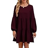 QACOHU Falll Dresses for Women 2026 Crew Neck Long Lantern Sleeve Casual Loose Flowy Swing Shift Dress