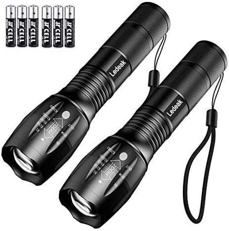 Ledeak Led Tactical Flashlight, Cree XML-T6 Led High Lumens Powerful Super Bright Flashlights with Zoomable Adjustable Focus, 5 Modes Waterproof Small Torchlight, 6 x AAA Batteries Included, 2 Pack