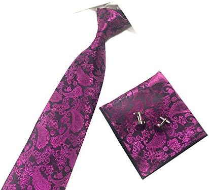 Someties New Fashion Paisley Cashew Men's Necktie &amp; Pocket Square &amp; Cuff Links Set(Fuchsia)