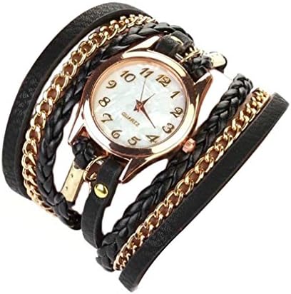 Ukamshop(TM)1PC Leather Strap Braided Winding Rivet Bracelet Watches Wristwatch (Black)