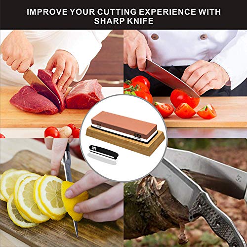 Whetstone Knife Sharpening Stone Set, Premium 2-Sided Whetstone Sharpener 1000/6000 Grit Whetstone Kit with Non-Slip Bamboo and Silicon Base Angle Guide for Chef Knife, Kitchen Knife, Hunting Knife