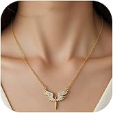 Naturepernulo 14K Gold Angel Wing Pendant Necklace for Women Silver CZ Guardian Angel Necklace Rhinestones Wings Necklaces