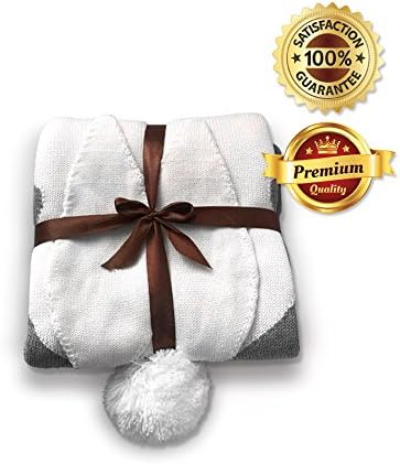 Baby Knitted Cotton Blanket, Double Layer 100% Cotton with Coral Flannel. Thick, Soft, Cozy Cuddle Sheet for Newborn, Infant and Kids. EXTRA-LARGE (43”x52”)(110x130cm). Grey with White Bunny Ears.