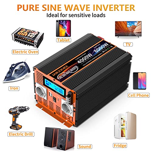 Inverter 12 V 220 V Pure Wave 4000 W Power Inverter 12 V to 220 V Power Converter with Remote Control & Dual AC Sockets & 2 x USB & Type-C Port for Car Camper