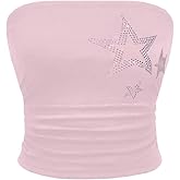WDIRARA Women's Star Rhinestone Ruched Strapless Crop Tube Top Y2k Graphic Bandeau Tops