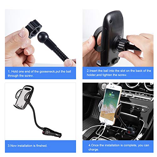 Amoner Phone Holder for Car, Adjustable 4 in 1 Car Phone Mount Cigarette Lighter Cell Phone Car Mount with Dual Port USB Charger Compatible iPhone 11 X 8, iPad, Galaxy S9 S8, Mate20 P30, GPS and More