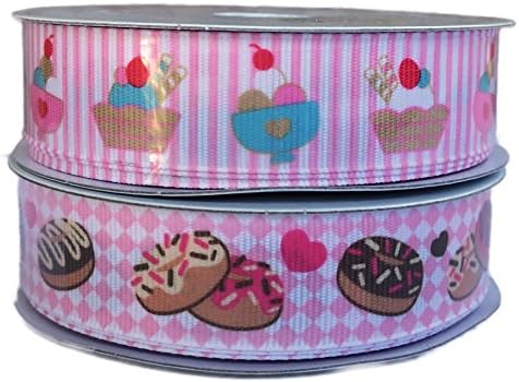Ice Cream Sundae and Sprinkled Donuts Dessert Themed Decorative Craft and Party Gift Wrapping Ribbon Bundle (Pink)