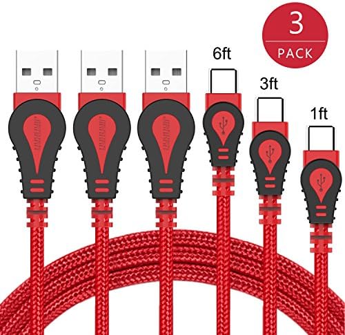 USB Type C Cable,JianHan USB-C Cable 3 Pack (1ft+3ft+6ft) USB Type A to C Fast Charging Cable Nylon Braided Type-C Cord for Samsung Galaxy Note 8,S8,S8 Plus,LG G6 G5 V30 V20,Google Pixel,Macbook (Red)