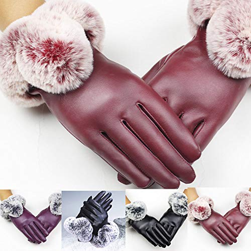 Pausseo Women Autumn Winter Imitation Leather Warm Gloves, Lady Bow Butterfly Touchscreen Mittens Fleece Thicken Plush Outdoor Mittens Students Knitted Wool Casual Solid Color Play Snow Glove