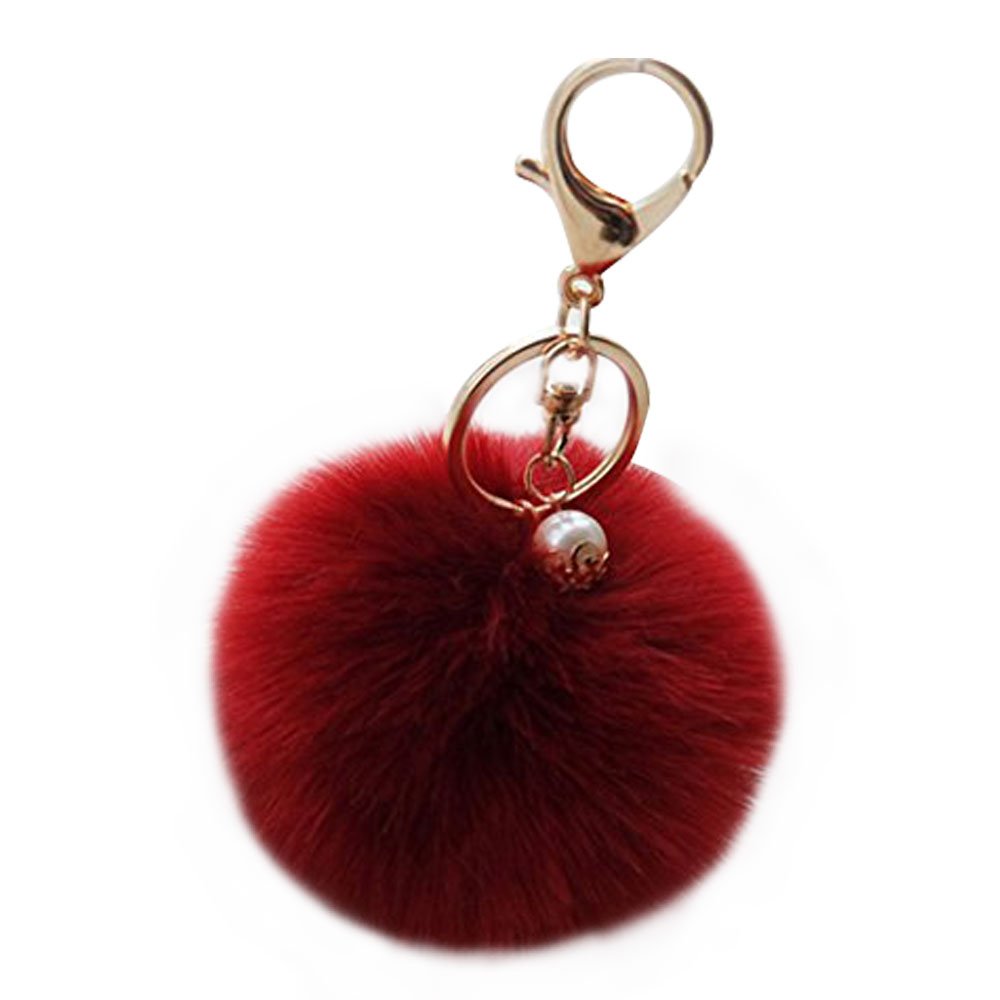 Shining Crown Pom Pom KeyChain Fluffy Fur Ball Pearl Keyring Pendant Accessory Charm for Women Handbag Car Key with Giftbox, Wine Red
