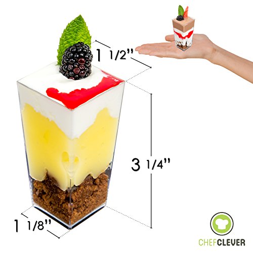 DLux 100 x 3 oz Mini Dessert Cups with Spoons, Square Tall - Clear Plastic Parfait Appetizer Cup - Small Disposable Reusable Serving Bowl for Tasting Party Desserts Appetizers - With Recipe Ebook - Thumbnail 2