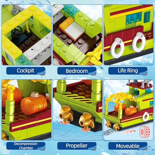 Dinosaur Explorers Ocean Building Set 3 in 1 Compatible with Dinosaur Park World, Boat & Dinosaurs Mosasaurus Spinosaurus with Articulated Joints, Toy Children 6-12 Years Old