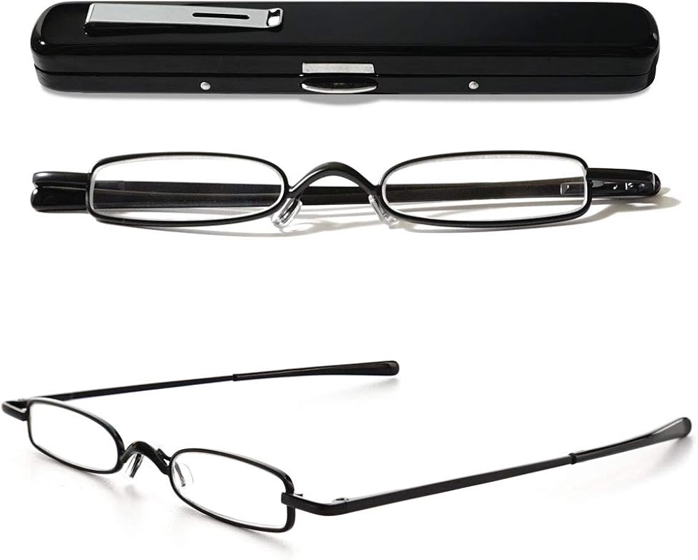 small reading glasses in metal case