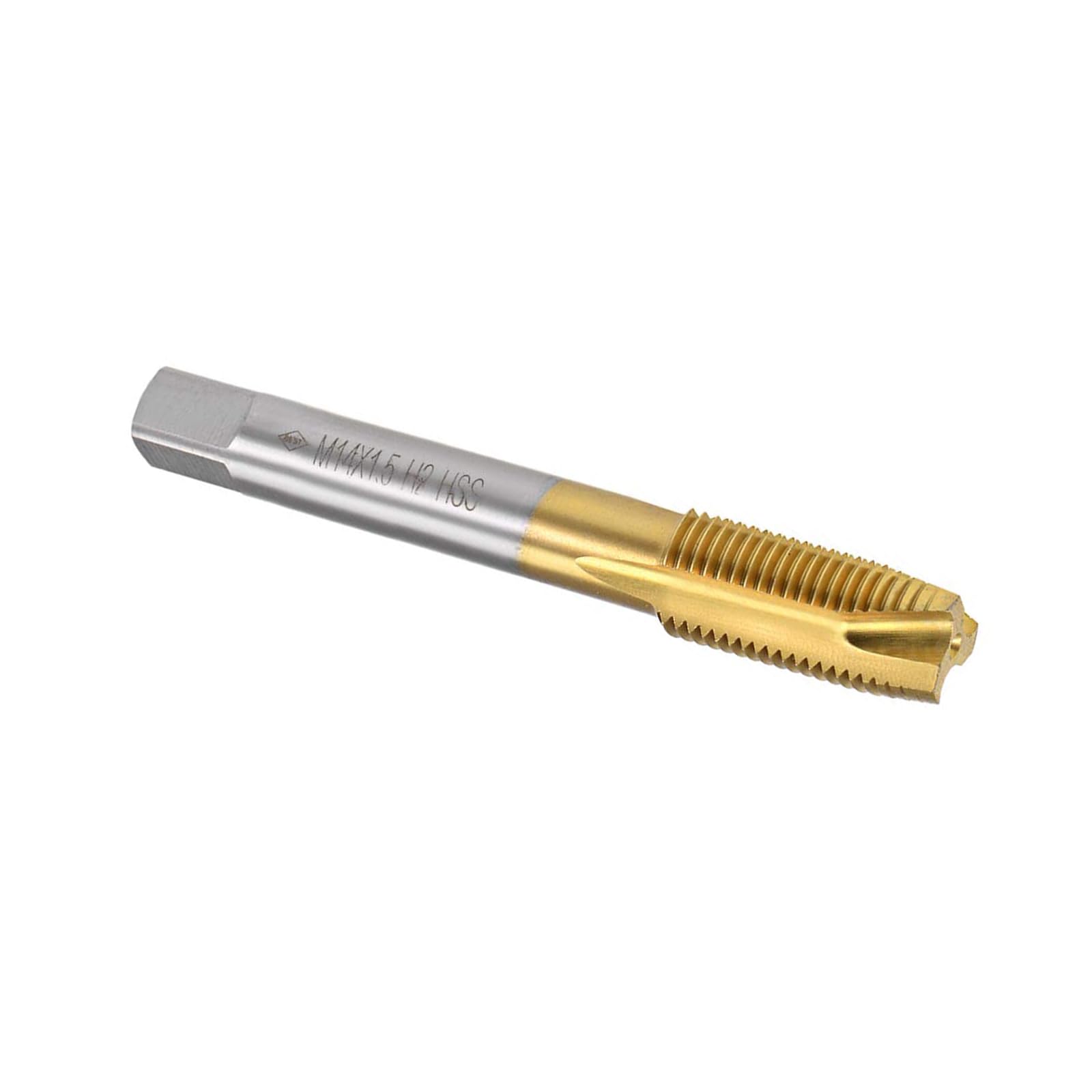 MACHSWON Spiral Point Plug Threading Tap M14 x 1.5mm, for Drilling and Tapping, H2 3 Flutes HSS, Titanium Coated, Round Shank with Square End Metric Screw Taps Tapping Bit, 1pcs