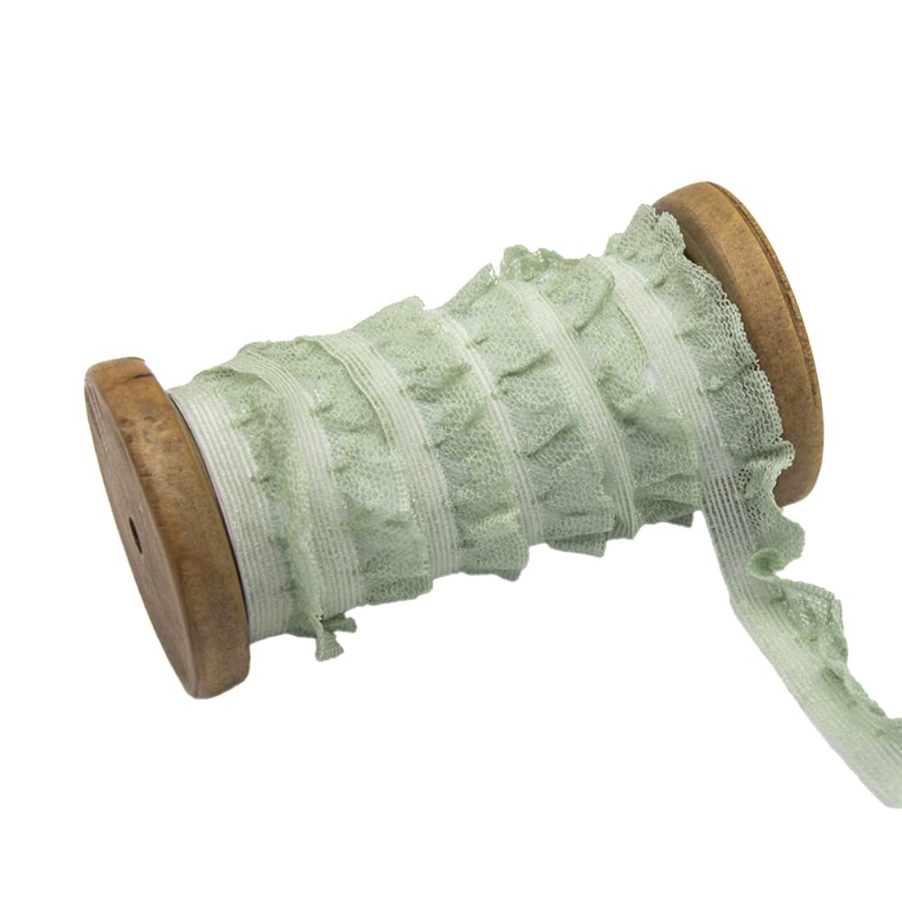 Wambere 5 Yard Vintage Elasticity Lace Ribbon, Pleated Lace, Ruffled Chiffon Ribbon, Decorative Ribbon, Lace Fabric, Lace Trim for Sewing Crafts Wedding Party Decoration 2 cm, Green