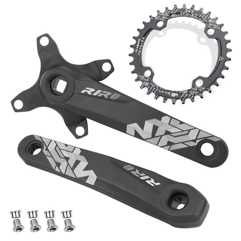 splumzer Mountain Bike 170mm Square Crankset with 104 BCD 32/34/36/38T Chainring, Aluminum Alloy MTB Crank Narrow Wide CNC Round Chainring Bolts (34T)