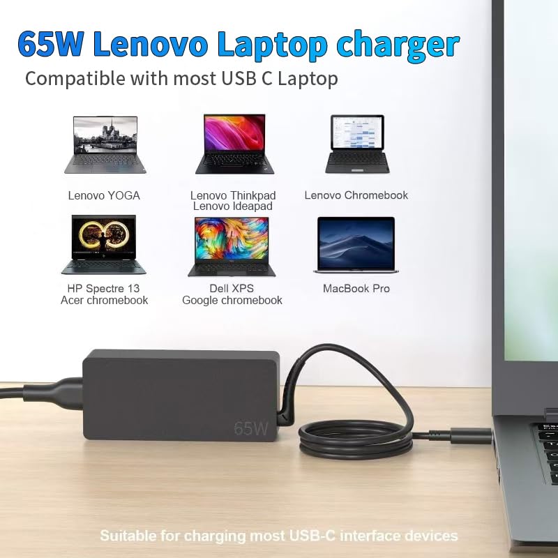 65W USB C Charger, Lenovo Laptop Charger for Lenovo ThinkPad X1 Carbon T14 T15 T480 T480s T490 T580 T590 E14 E15 E480 E580 E590 X13 X380 L13 L14 L15 Chromebook C330 S330 300e Yoga Type C Power Supply