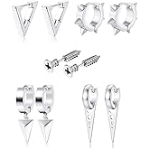 5 Pairs Punk Style Stainless Steel Black Tone Geometric Triangle Rivet Surgical Huggie Hoop Earrings Screw Nail Stud Earrings Gift for Men Women Teen
