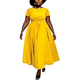 Hostoyo Women Plus Size Casual A Line Maxi Dress Self Tie Waist with Pockets Elegant Round Neck Short Sleeve Long Swing Dress Yellow