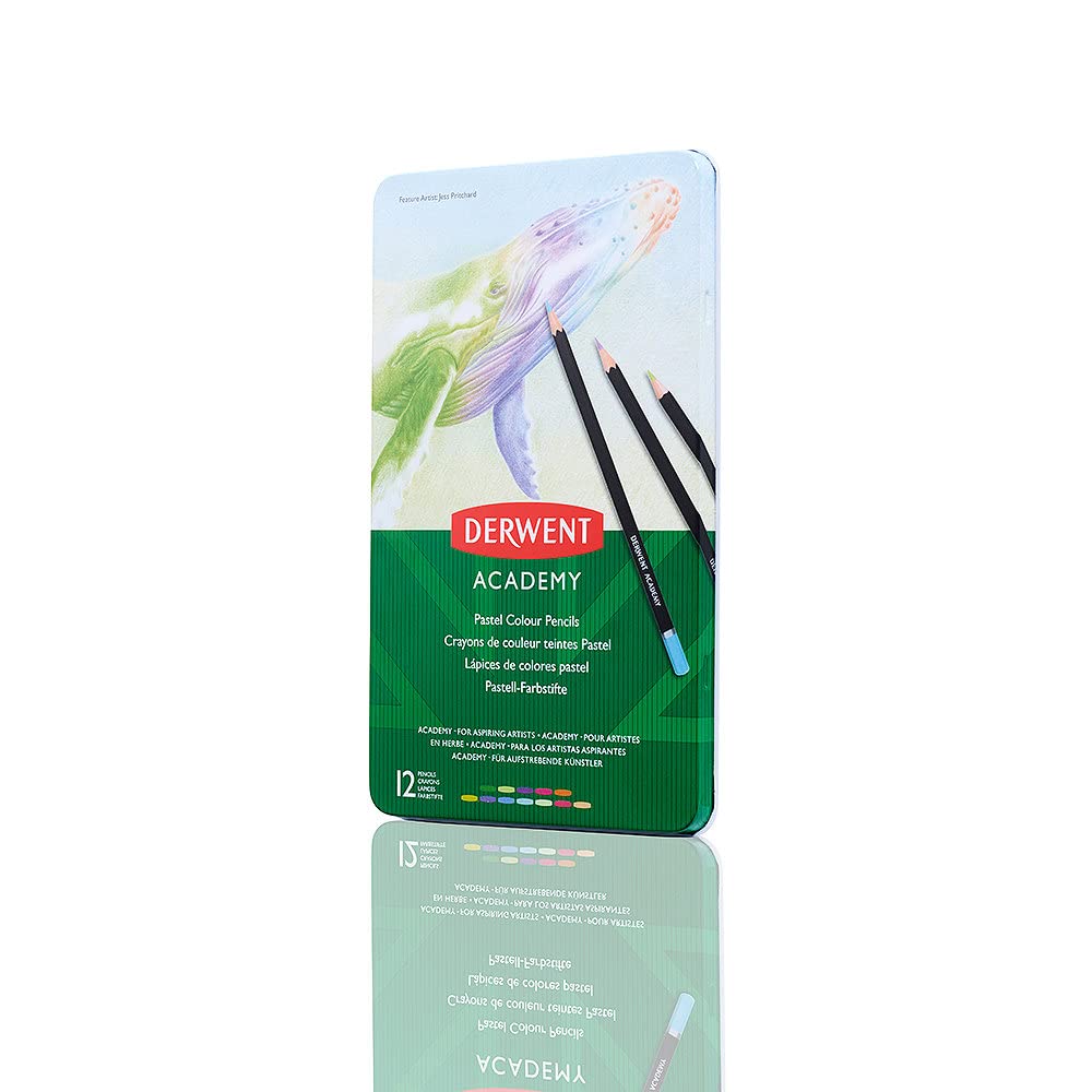 Derwent Academy Pastel Colour Pencils, Set of 12 in Tin, For Aspiring Artists, Ideal for Colouring & Drawing, Premium Quality, 2306022, Black