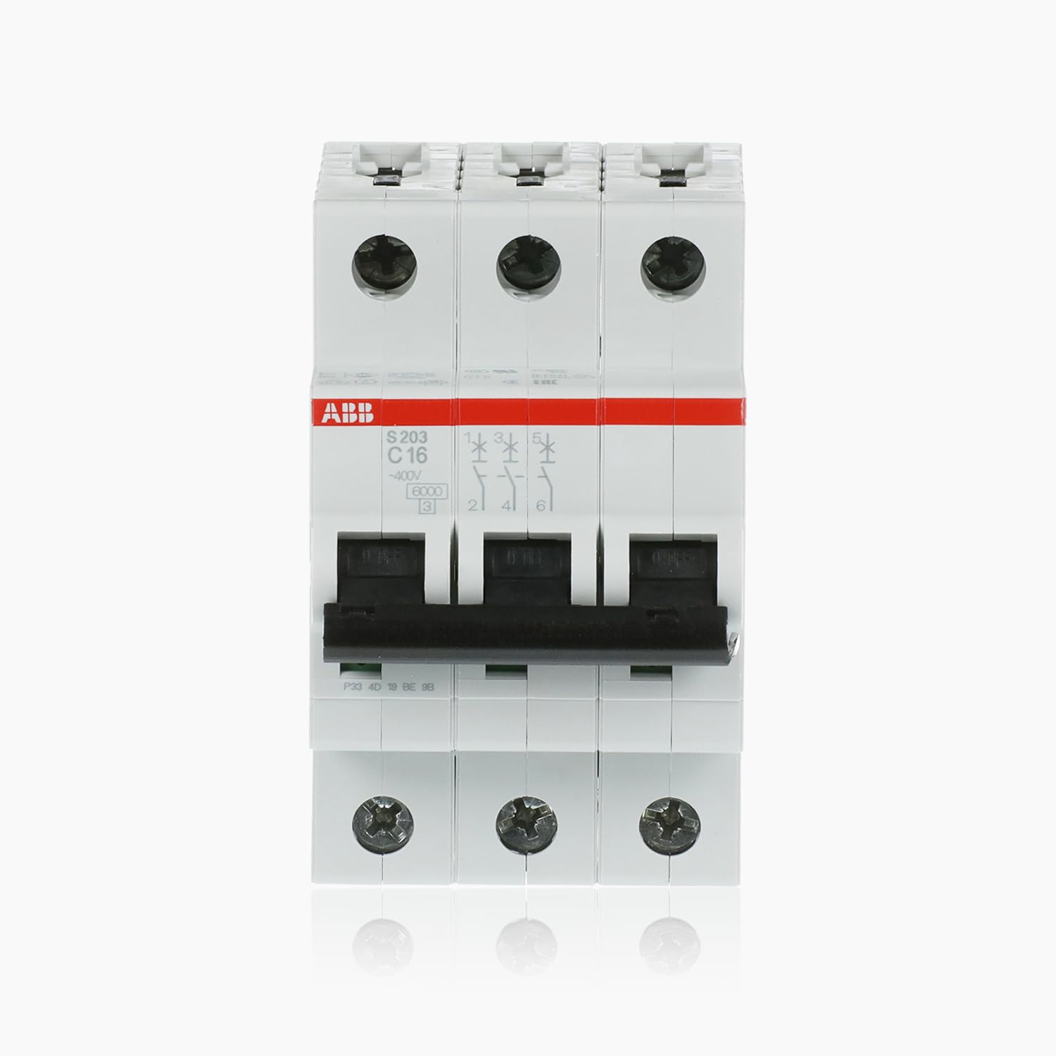 ABB S203-C16 Miniature Circuit Breaker, 3 Pole, Type C, 6/10kA Breaking Capacity, 16 Amp Current (2CDS253001R0164)