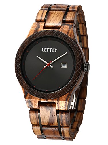LEFTLY Mens Wooden Watch Quartz Movement Lightweight Zebra Wood Simple Date Display Analog Wristwatch