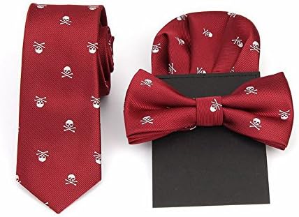 Shindek Skull Slim Tie Set Necktie With Paper Pocket Square And Bowtie (maroon)