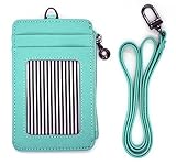 ID Card Holder Wallet With Landyard and Zipper Badge Case Genuine Leather for Women (Mint)