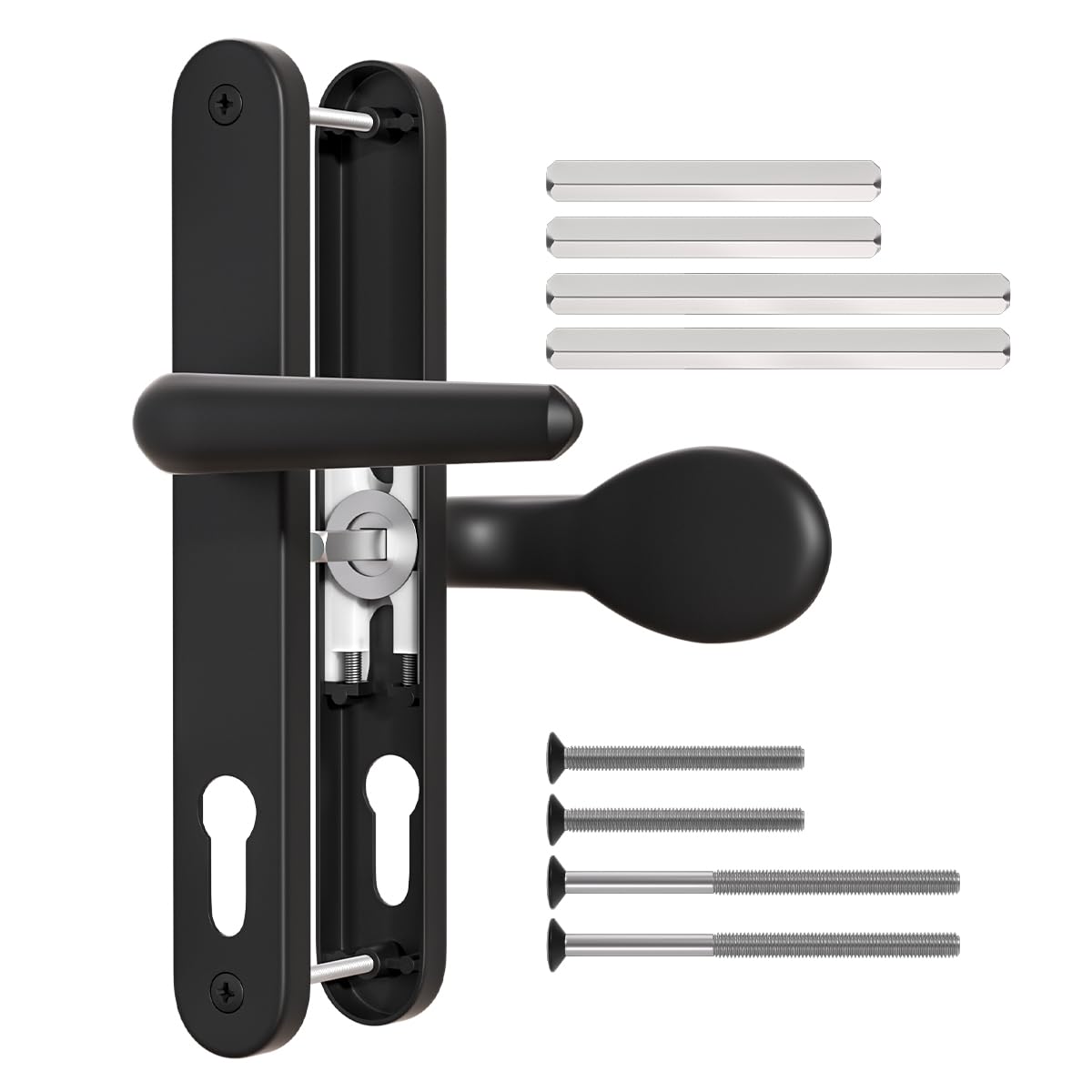 Bwintech 1 Pcs Black Aluminum UPVC Door Handle,Lever/Pad Split Offset 60 and 92mm Backset,211mm Screw Hole Distance, 243mm Plate Length Front Door Handles for UPVC Door