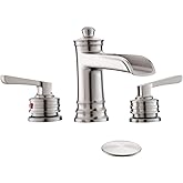 Fapully Brushed Nickel Bathroom Sink Faucet, Waterfall Bathroom Faucets 3 Hole, 8 Inch Widespread Bathroom Faucet with Pop-up Drain, 2-Handle Faucet for Bathroom Sink Vanity RV