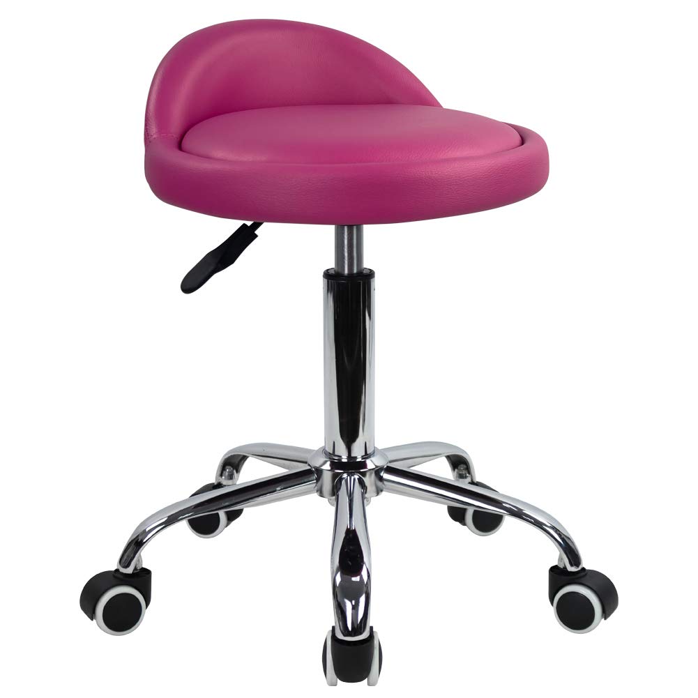 KKTONER PU Leather Round Rolling Stool with Back Rest Height Adjustable Swivel Drafting Work SPA Medical Task Chair with Wheels (Rose red)
