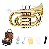 EastRock Pocket Trompete Messing Bb Gold Lack Mini Trompete mit 7 C Mundstück, Hartschalenkoffer, Gurt, weiße Handschuhe, Reinigungsset für Studenten, Anfänger