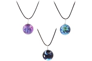 Set of 3 Luminous Earth Moon Star Night Round Glass Ball Pendant Necklace for Girl Women Gift