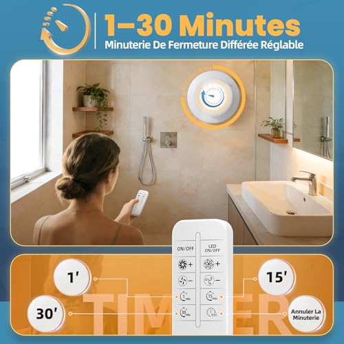 SLUELI 100 mm Bathroom Fan with Caster and LED Lighting, 3000 rpm, 220 m³/h, 2 Way, 6 Rotation Levels with Indicator Lights and Remote Control, Strong Air Performance, 2 W DC Motor, Easy to Install