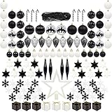 ITART 127ct Christmas Tree Ornaments Decorations Assortment Including Tree Topper Balls Snowflakes Stars Pine Cones Miniature Gift Boxes and Beads Garlands Finial (White and Black)
