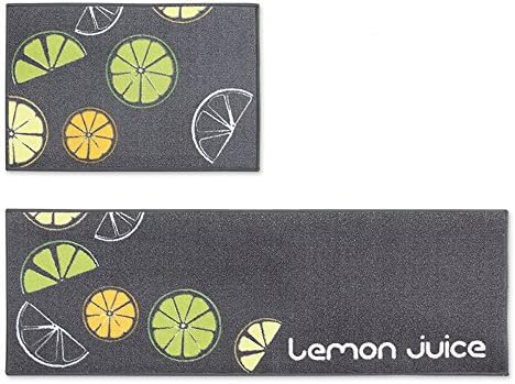 Wolala Home Gray Antifouling Kitchen Rug 2 pcs Sets Lemon Juice Pattern Latex Bottom Design Machine Washable Area Rug(1'3x2'0+1'3x4'0, Gray)
