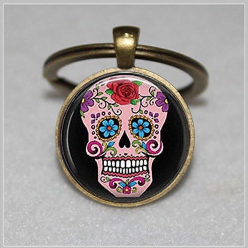 Sugar Skull Keychain ,Glass Tile Keychain,Day of the Dead Keychain，Unique Key Ring Customized Gift，Everyday Gift Key Chain