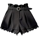 GORGLITTER Women's Pleated Lace Belted Dress Shorts Wide Leg Tailored Formal Dressy Work Shorts with Pockets