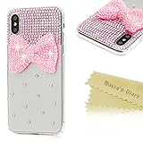 iPhone X Case, Mavis's Diary Luxury 3D Handmade Bling Full Diamonds Lovely Pink Bow with Shiny Sparkle Rhinestone Gems Crystal Clear Full Body Protection Hard PC Plastic Cover for iPhone X Edition