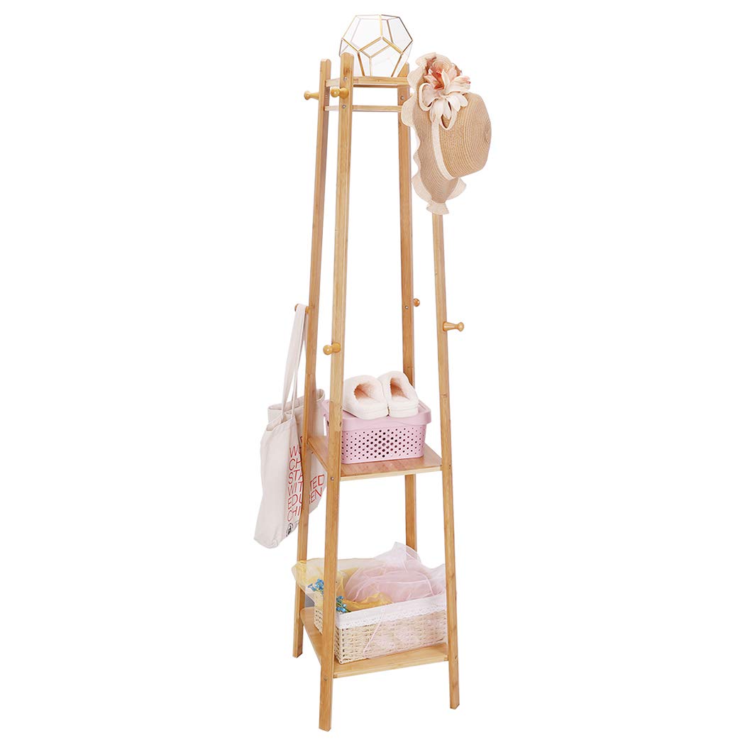 unho Coat Rack: Bamboo Coat Rack with Shelf, Trees, Free Standing Clothes Rack with 8 Hooks for Hats, Clothes, Bags, Shoes