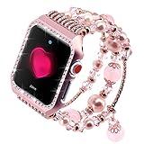 Falandi Apple Watch Band 38mm, Glittering Diamond Metal Rose Gold Case with Handmade Elastic Stretch Bracelet Fashion Women Girls Rhinestone Replacement Strap for iWatch Series 3/2 / 1(M, Pink-38mm)