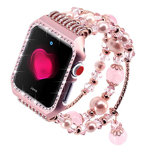 Falandi Apple Watch Band 38mm, Glittering Diamond Metal Rose Gold Case with Handmade Elastic Stretch Bracelet Fashion Women Girls Rhinestone Replacement Strap for iWatch Series 3/2 / 1(M, Pink-38mm)