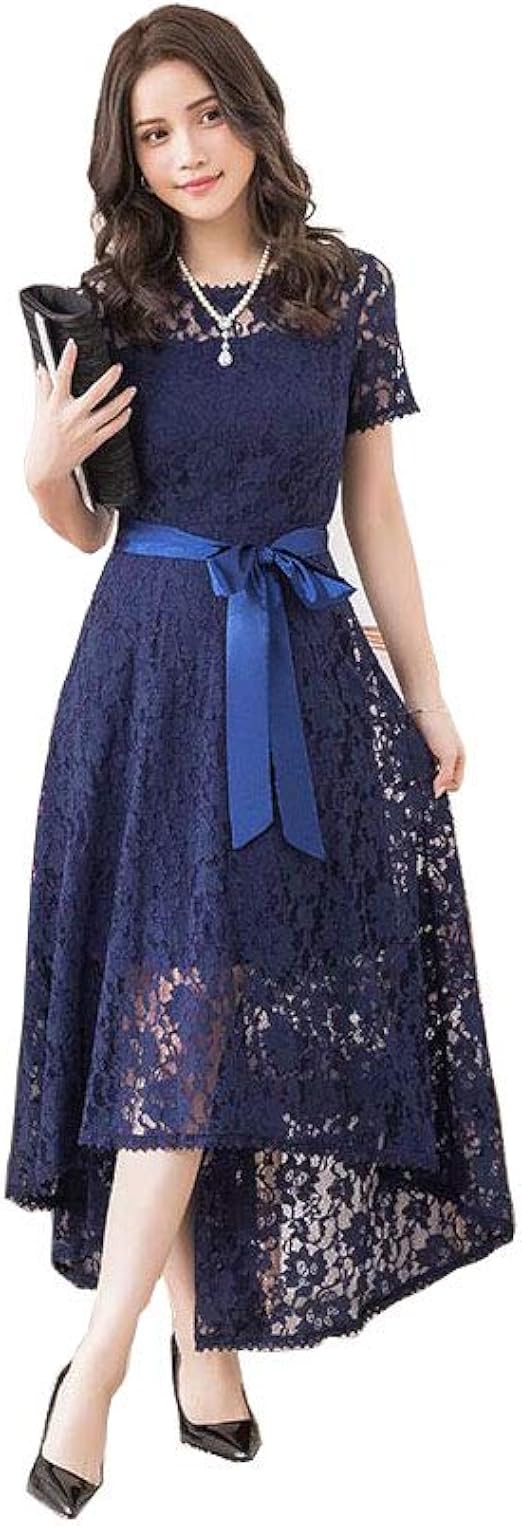 Amazon パーティードレス 結婚式 ワンピース 総レース ロング ドレス フォーマル 袖あり 二次会 披露宴 呼ばれ 演奏会 同窓会 発表会 謝恩会 卒業式 入学式 代 30代 40代 L ネイビー イブニングドレス 通販