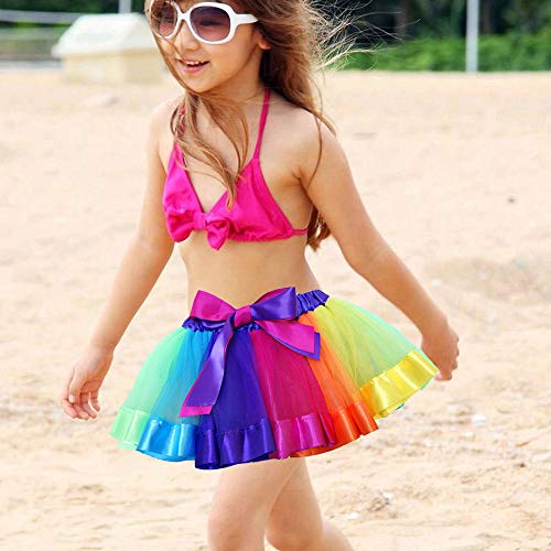 Layered Skirt Girls' Mini Rainbow Tutu Skirt Bow Dance Dress Colorful Ruffle Tiered Tulle (S/ 0-2 Years, A)