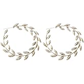 Dainty Leaf Large Open Circle Hoop Earrings for Women Sterling Silver Post Statement Polished C Shape Plant Leaves Dangle Huggie Fashion Trendy Big Hoops Drop Earring Lightweight Prom Jewelry Gifts