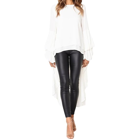 Geili Damen Mode Cool Lange Bluse Frauen Unregelmäßige Rüschen Hem Shirt Langarm Einfarbig Pullover Tops Party Blusen