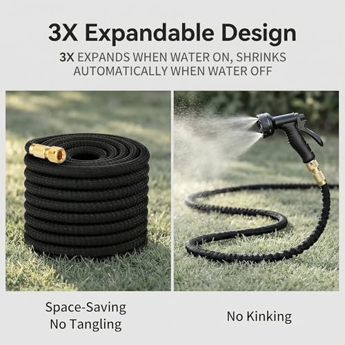 Expandable Garden Hose, Upgraded 3-Layer Natural Latex No-Kink Flexible Water Hose with 10-Pattern Spray Nozzle, Solid Brass Connectors – for Garden Watering, Car Wash, Pet Bathing (100ft)