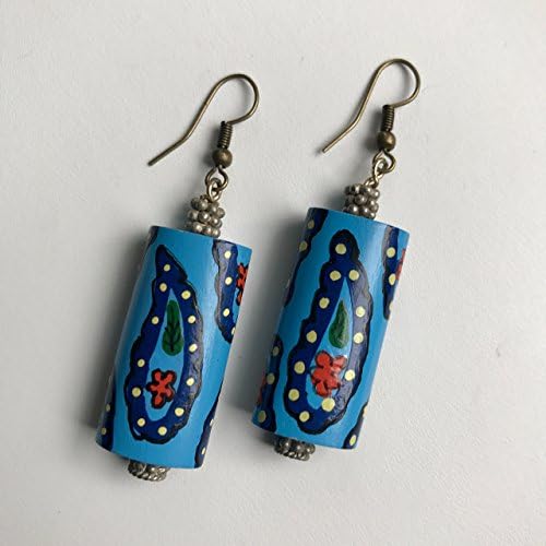Blue Painted Blue Wood Flower Earrings