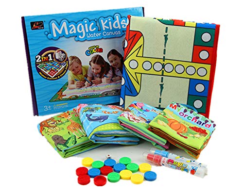 Kids Water Doodle Drawing Mat with Flying Chess Game Mat Coloring Painting Educational Writing Mats, Baby's Non-Toxic Soft Cloth Book Set Pack of 4 Fun Interactive The First Book Toddler Gift