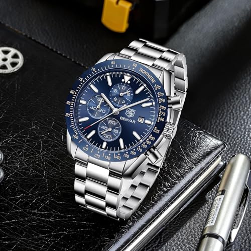 BENYAR by Men's Watch Chronograph Analogue Quartz Waterproof Date Large Dial Classic Fashion Business Watches Elegant Bracelet for Men
